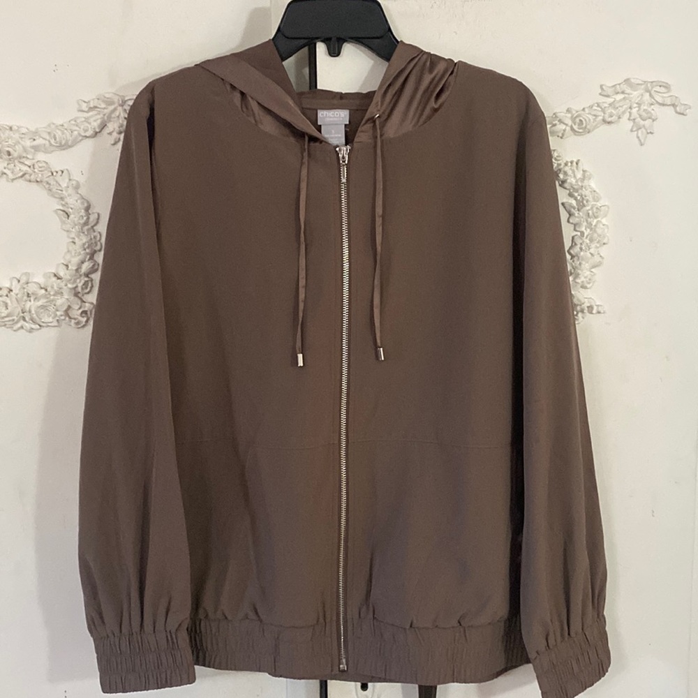 Chico’s Suede Gray color hooded track jacket. SZ 16-18. NWT
